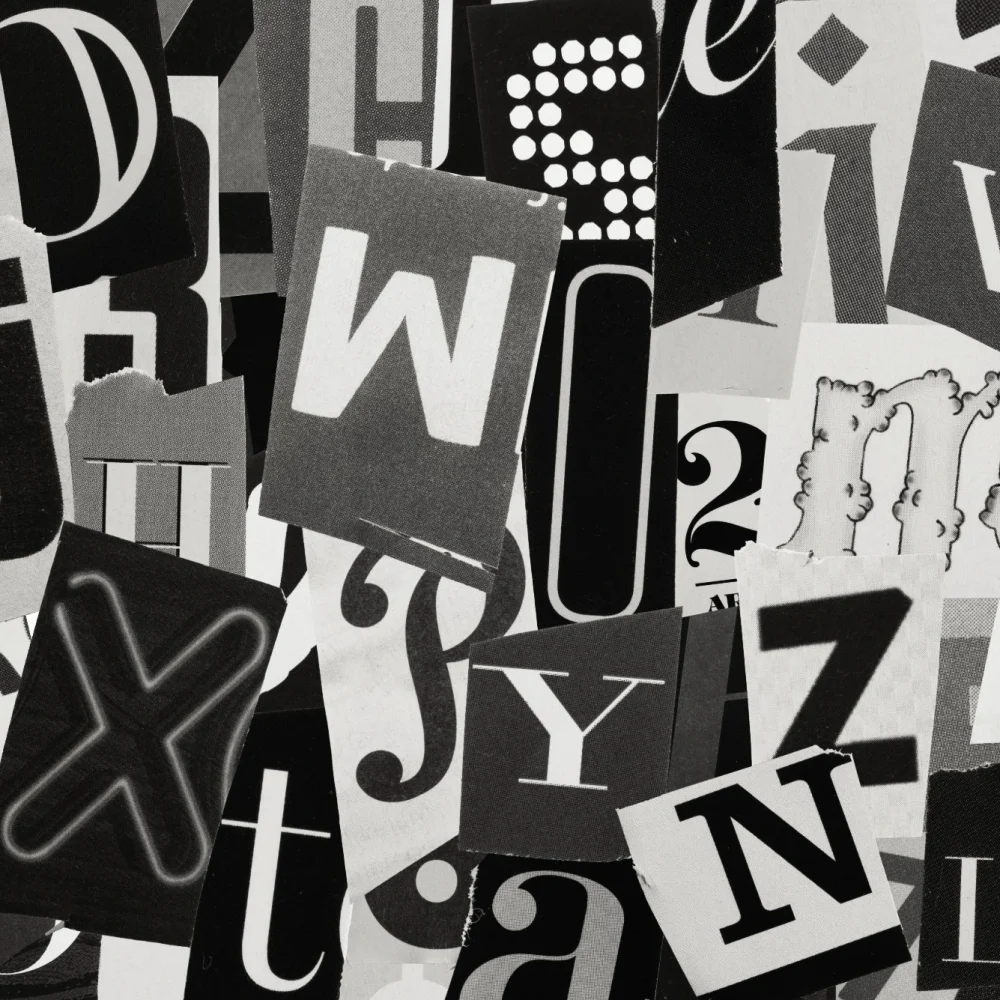 A random selection of letters cut out from different pages in various fonts, as might appear on a ransom note.