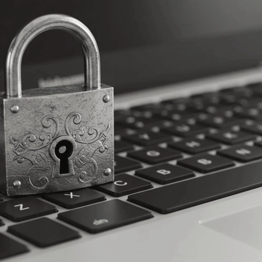 An ornate gold padlock on top of a keyboard.