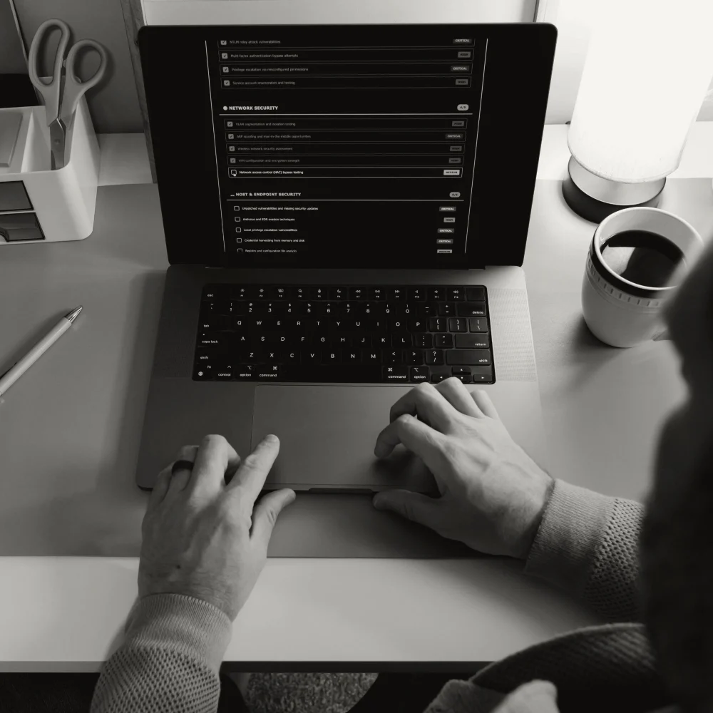 Hands typing on a laptop screen displaying a penetration testing report with network and endpoint security issues.