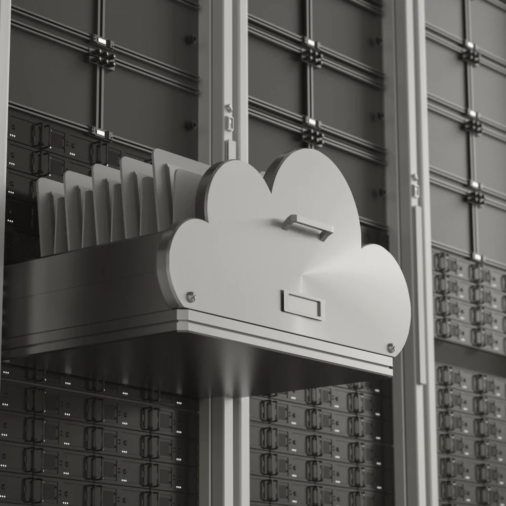 Cloud-shaped drawer or server unit sliding out of a server rack, symbolising secure server or cloud hosting of digital data.
