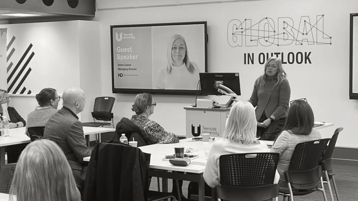 Debra Cairns, Managing Director of Net-Defence, delivering a guest speaker presentation at Teesside University.