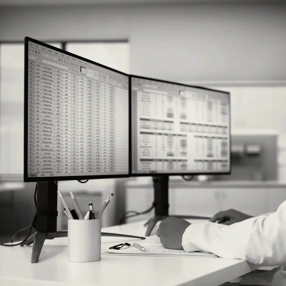 A person in a white shirt looking at a spreadsheet on two monitors.