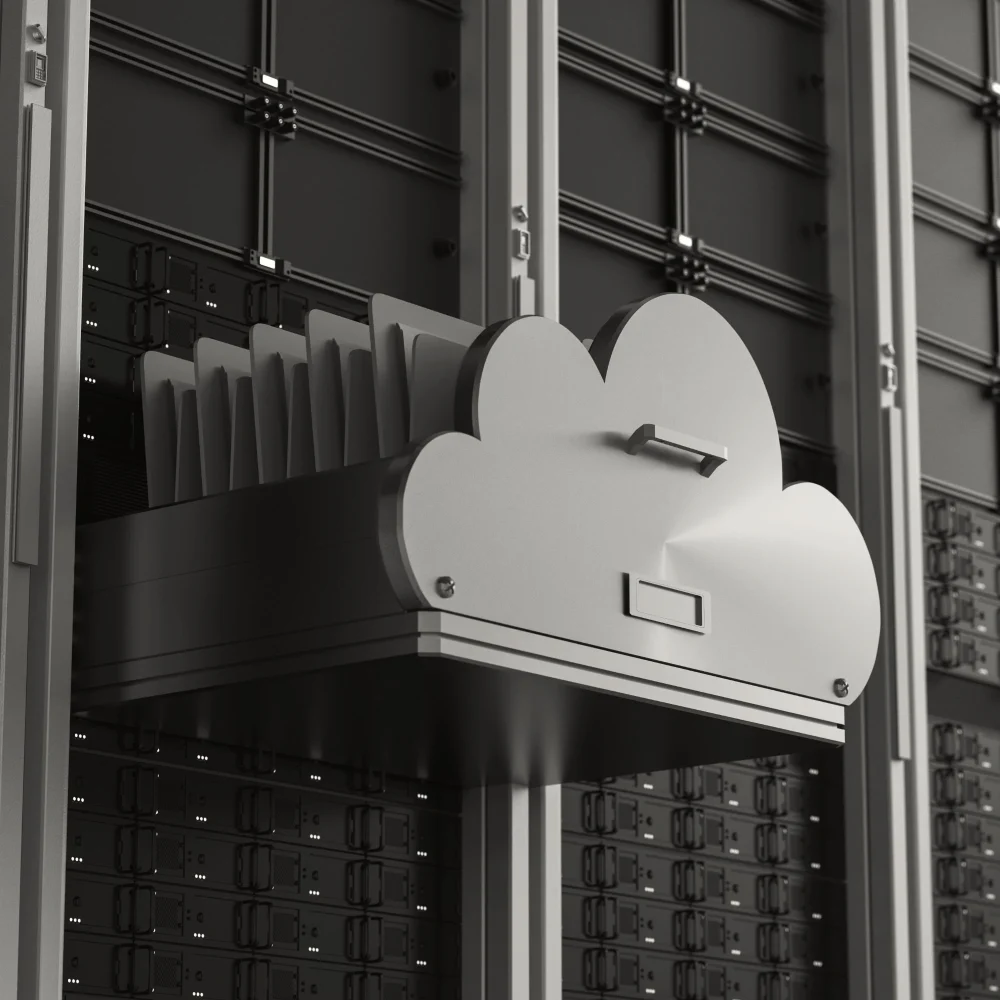 Image of a filing cabinet with cloud face.
