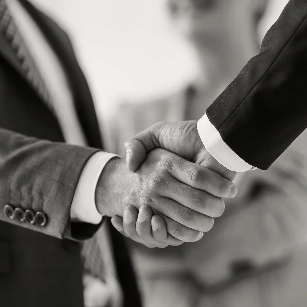 Two people wearing formal suits shaking hands.