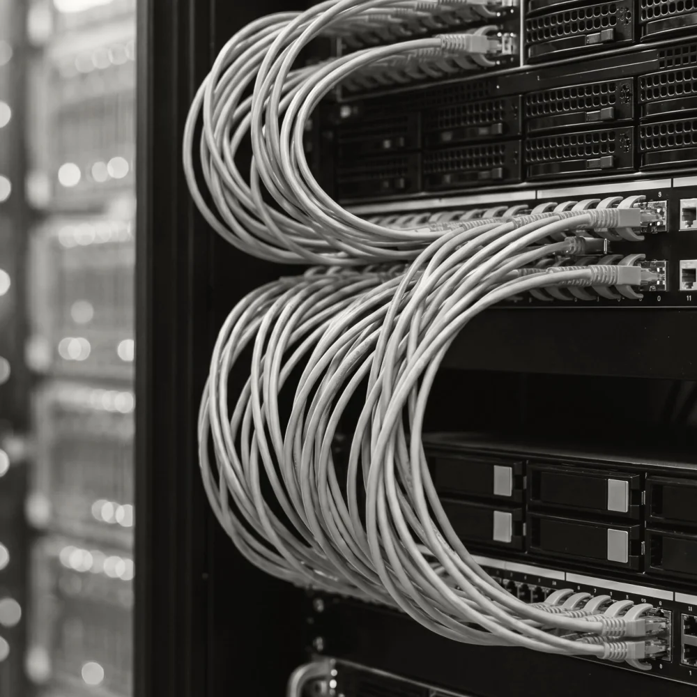 A glowing server with dozens of wires plugged into it.